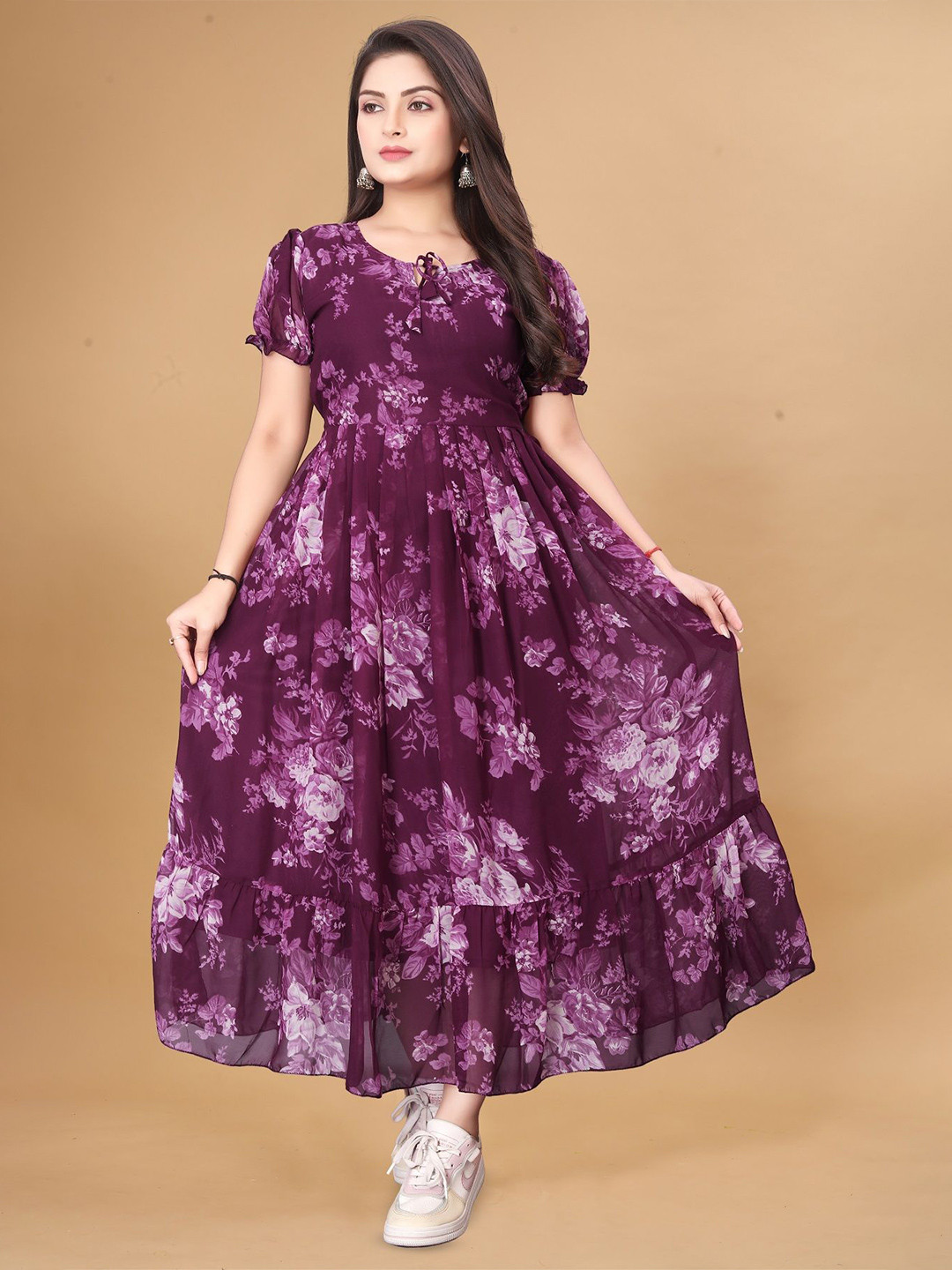 

KRISHTI CREATION Women Floral Printed Puff Sleeve Georgette Fit & Flare Midi Dress, Purple