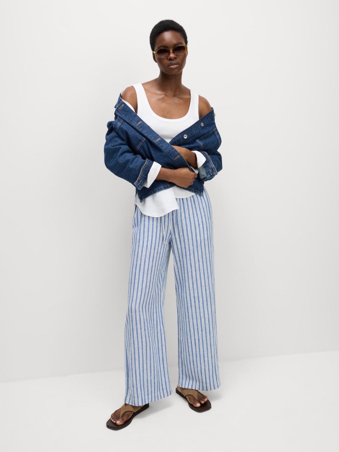 

Marks & Spencer Women Striped High-Rise Pleated Trousers, Navy blue