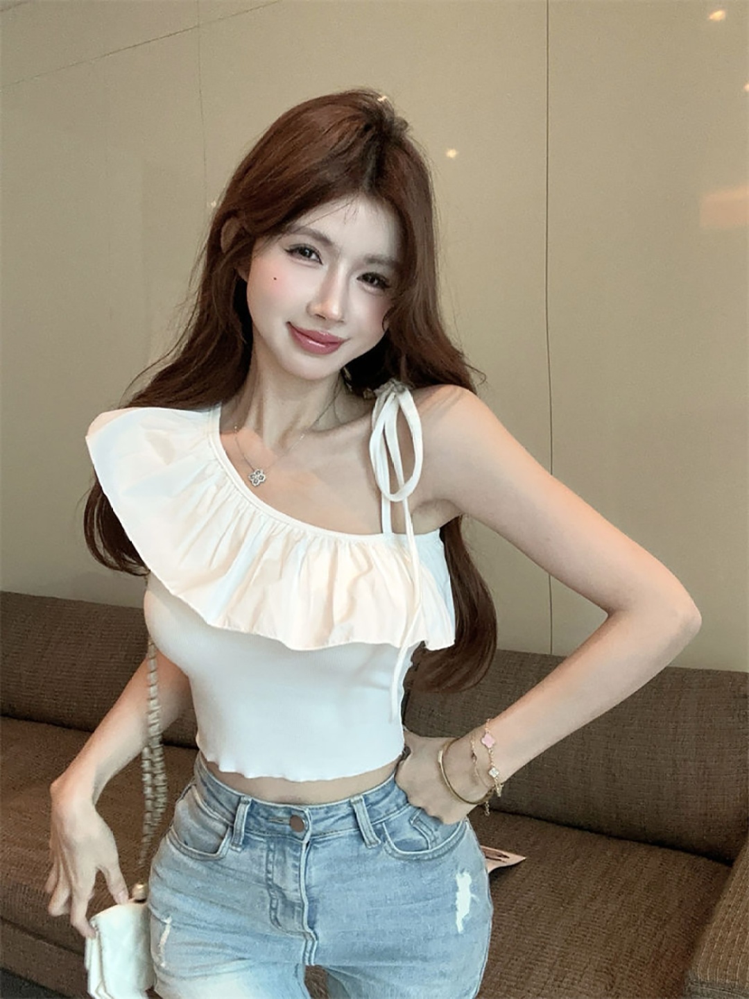 

StyleCast x Revolte One Shoulder Ruffled Crop Top, White