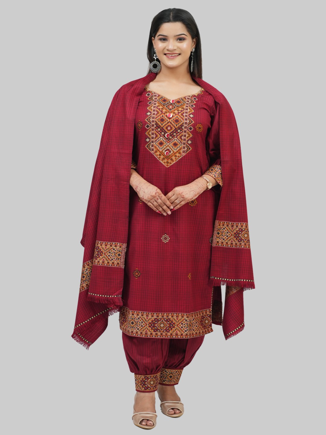 

Tones-N-Shades Geometric Woven Design Unstitched Dress Material, Maroon