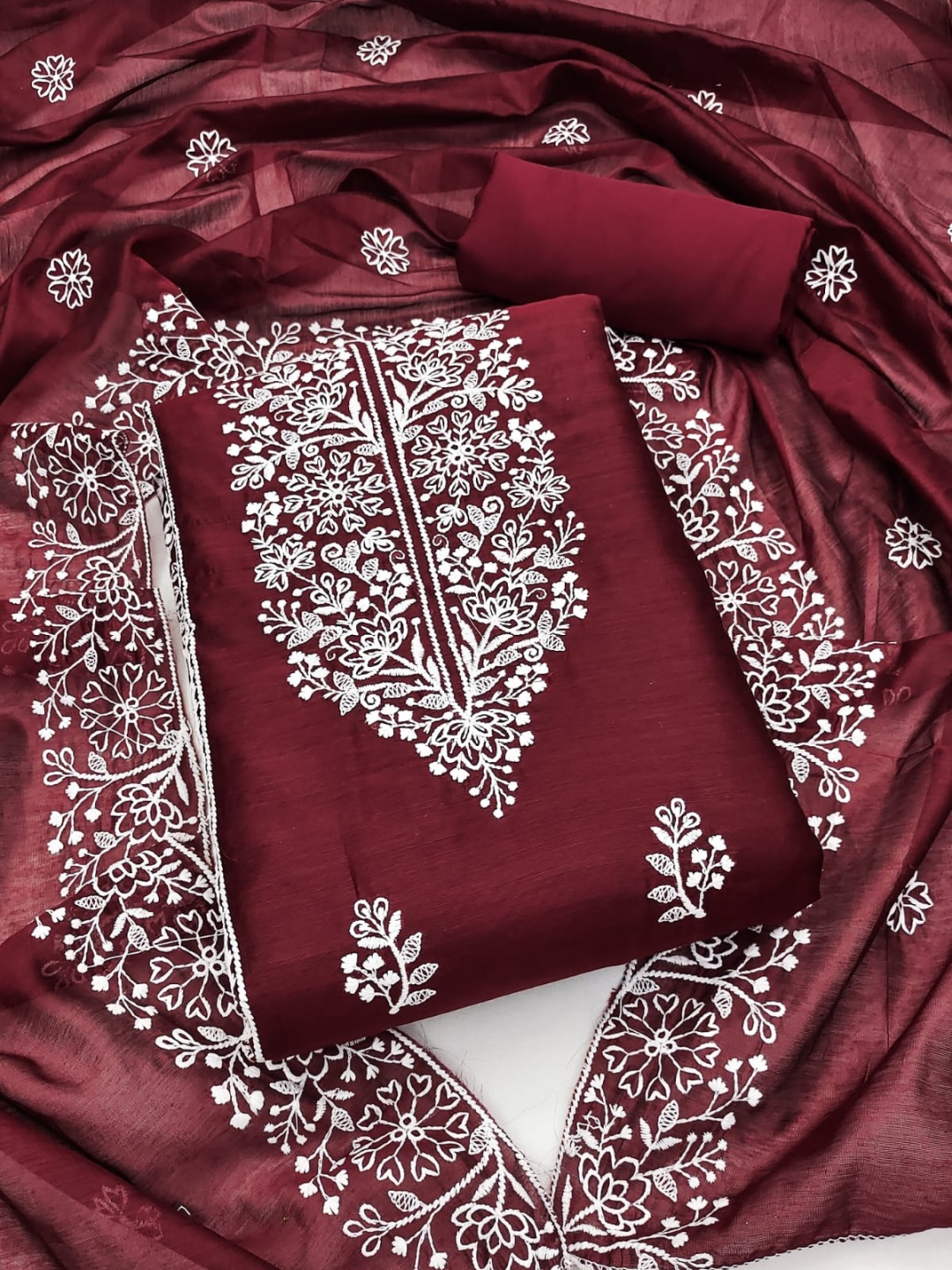 

SWARNGANGA TEX Floral Embroidered Unstitched Dress Material, Maroon