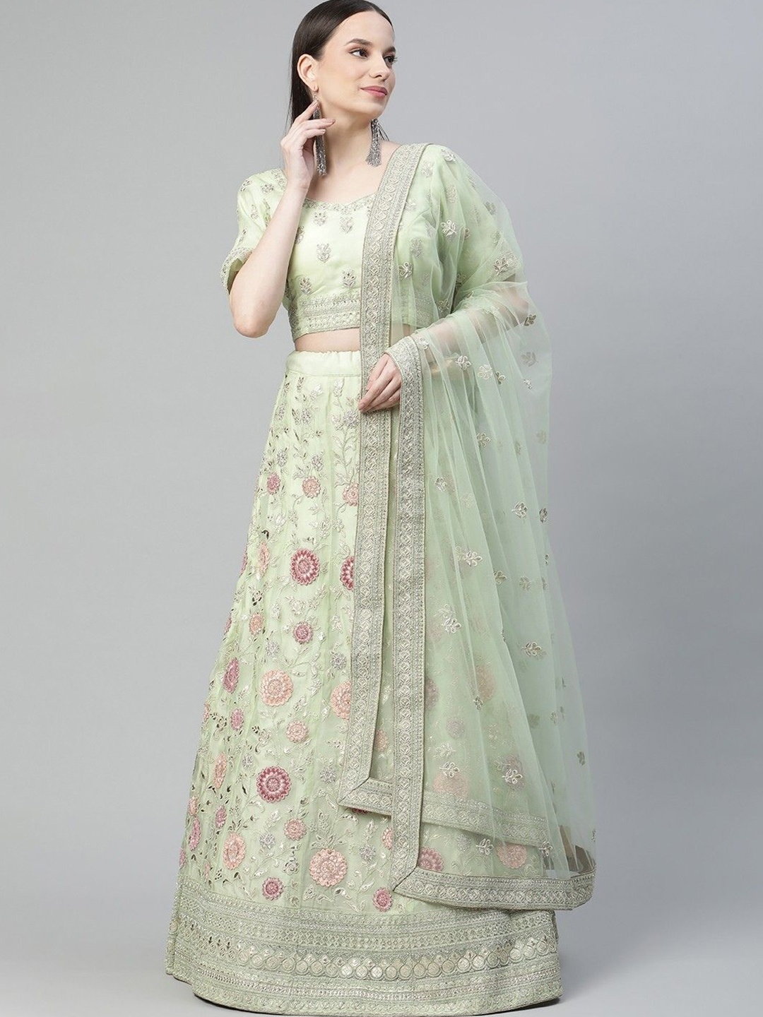 

Fusionic Embellished Semi-Stitched Lehenga & Blouse With Dupatta, Green