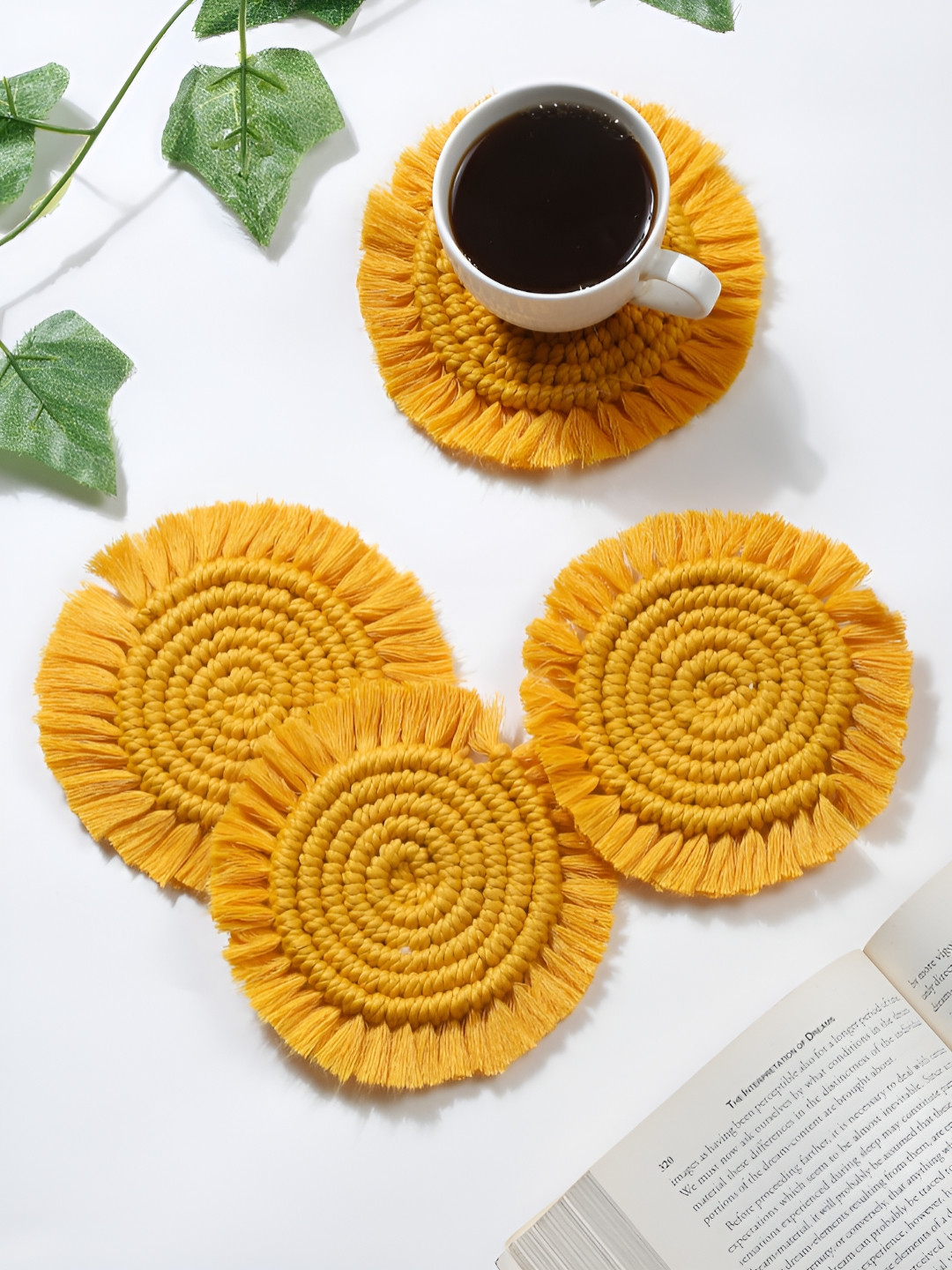 

My Creative Hut Yellow 4 Pieces Textured Cotton Round Coasters