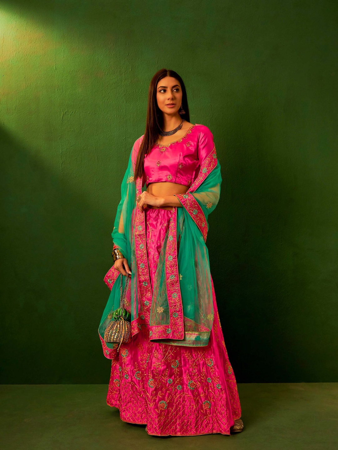

DEVATITHI Embroidered Thread Work Satin Semi-Stitched Lehenga & Blouse With Dupatta, Pink