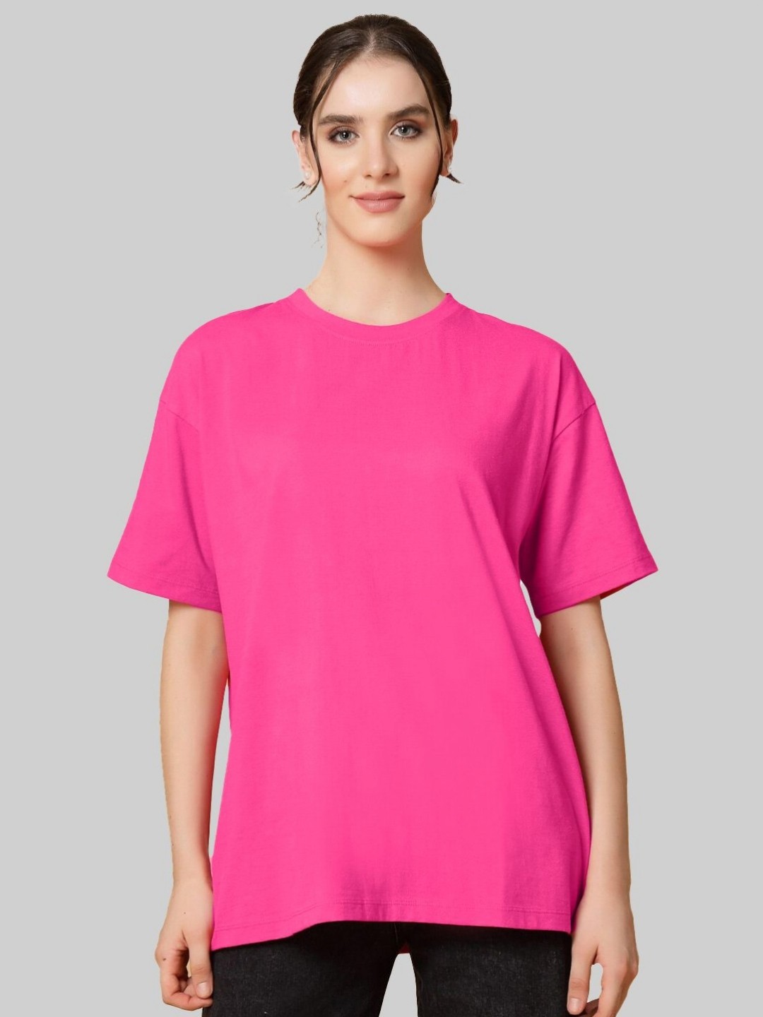 

Leotude Women Solid Round Neck Cotton Relaxed Fit T-shirt, Pink