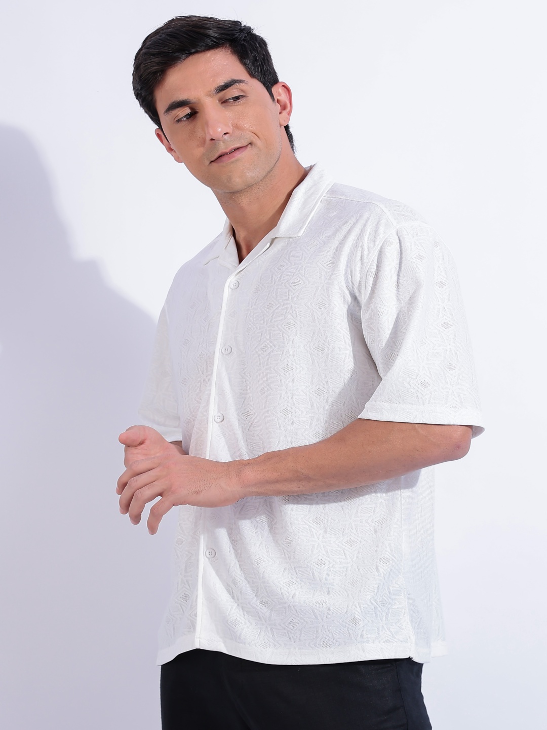 

HERE&NOW Men Relaxed Fit Cuban Collar Textured Casual Shirt, White