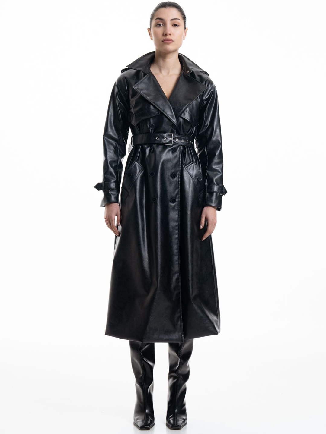 

SOTBELLA Double-Breasted Longline Trench Coat, Black