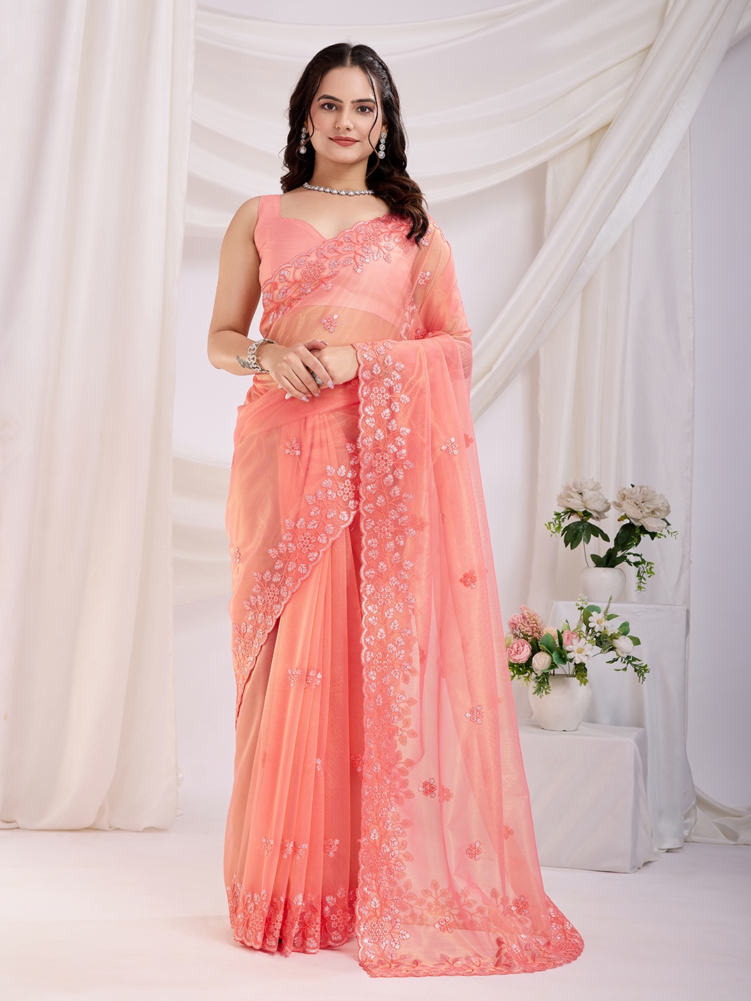 

HERE&NOW Embellished Sequinned Saree, Peach
