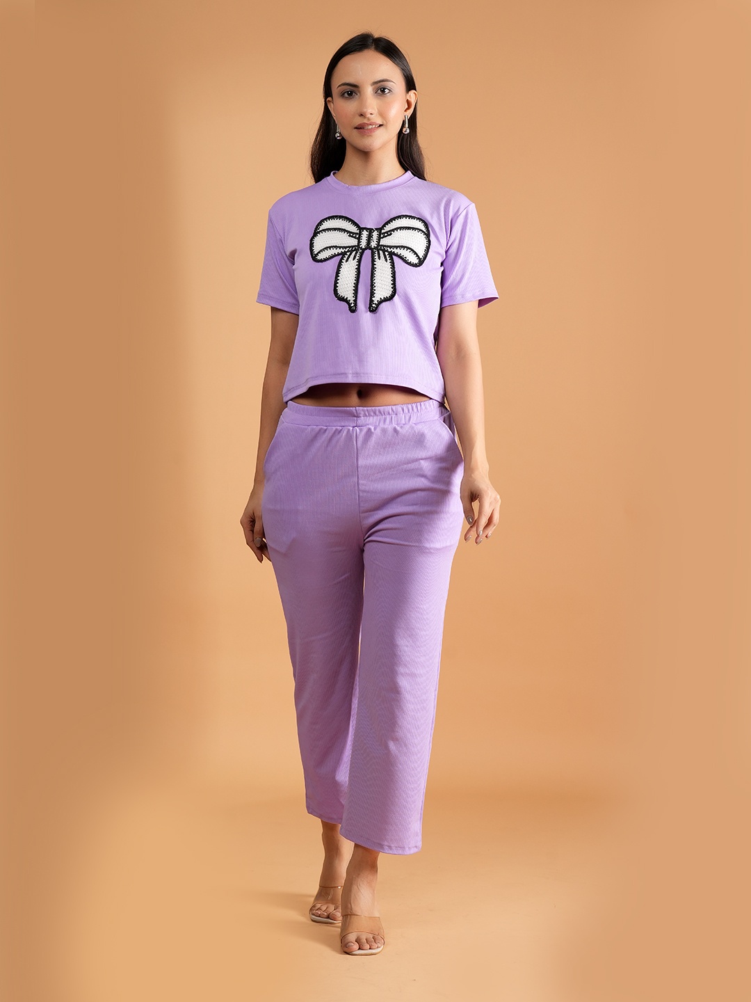 

NEYSA Embroidered Round Neck T-Shirt With Trousers, Purple