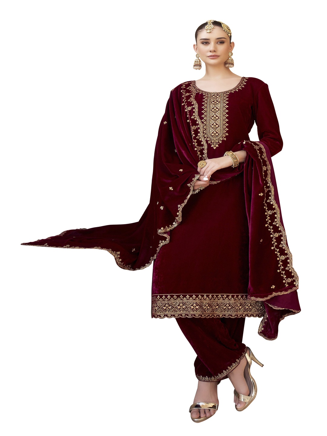 

DRAVINAM Trends Floral Embroidered Velvet Unstitched Dress Material, Maroon