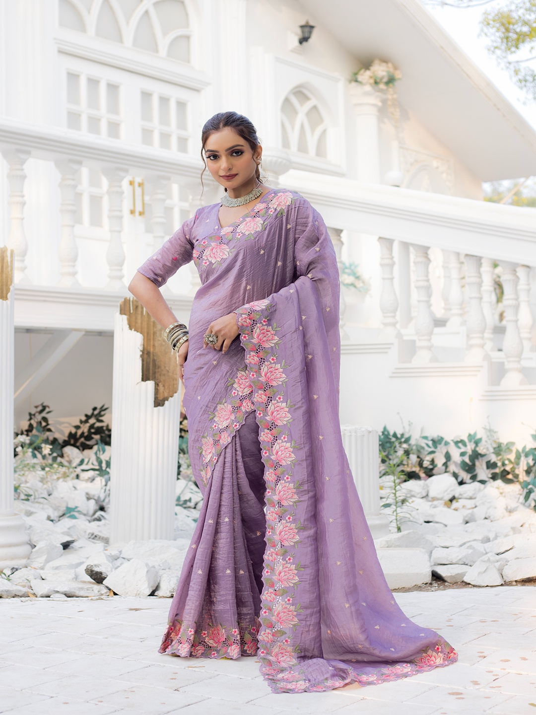 

TORONFRAS Ethnic Motifs Embroidered Kanjeevaram Saree, Lavender