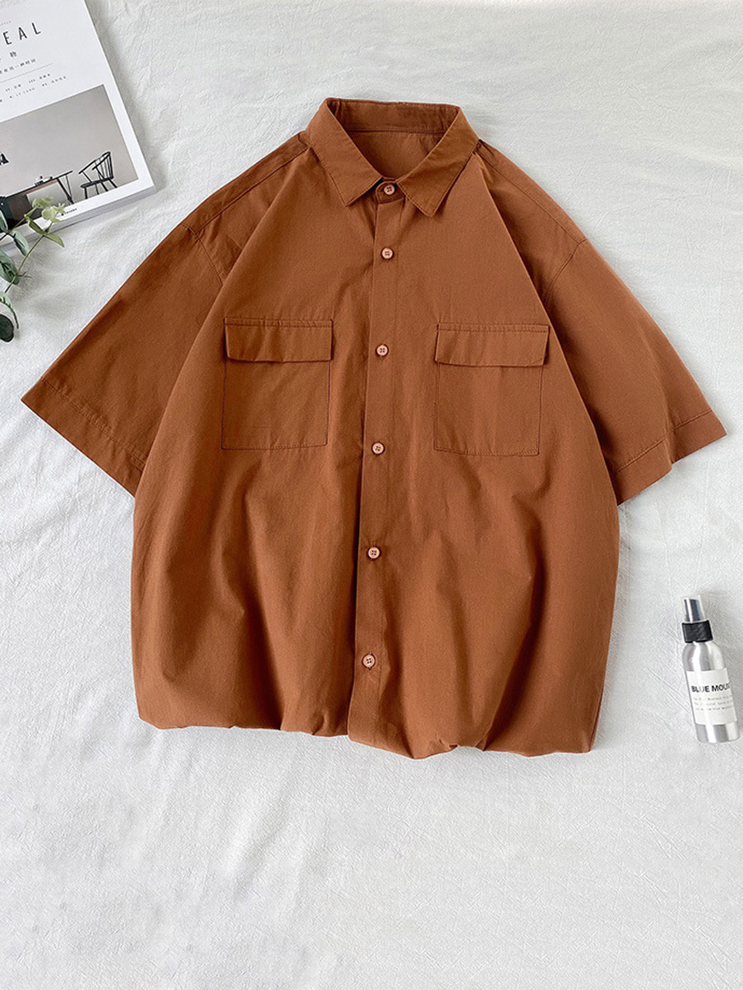 

HERE&NOW Men Oversized Fit Spread Collar Solid Casual Shirt, Mustard