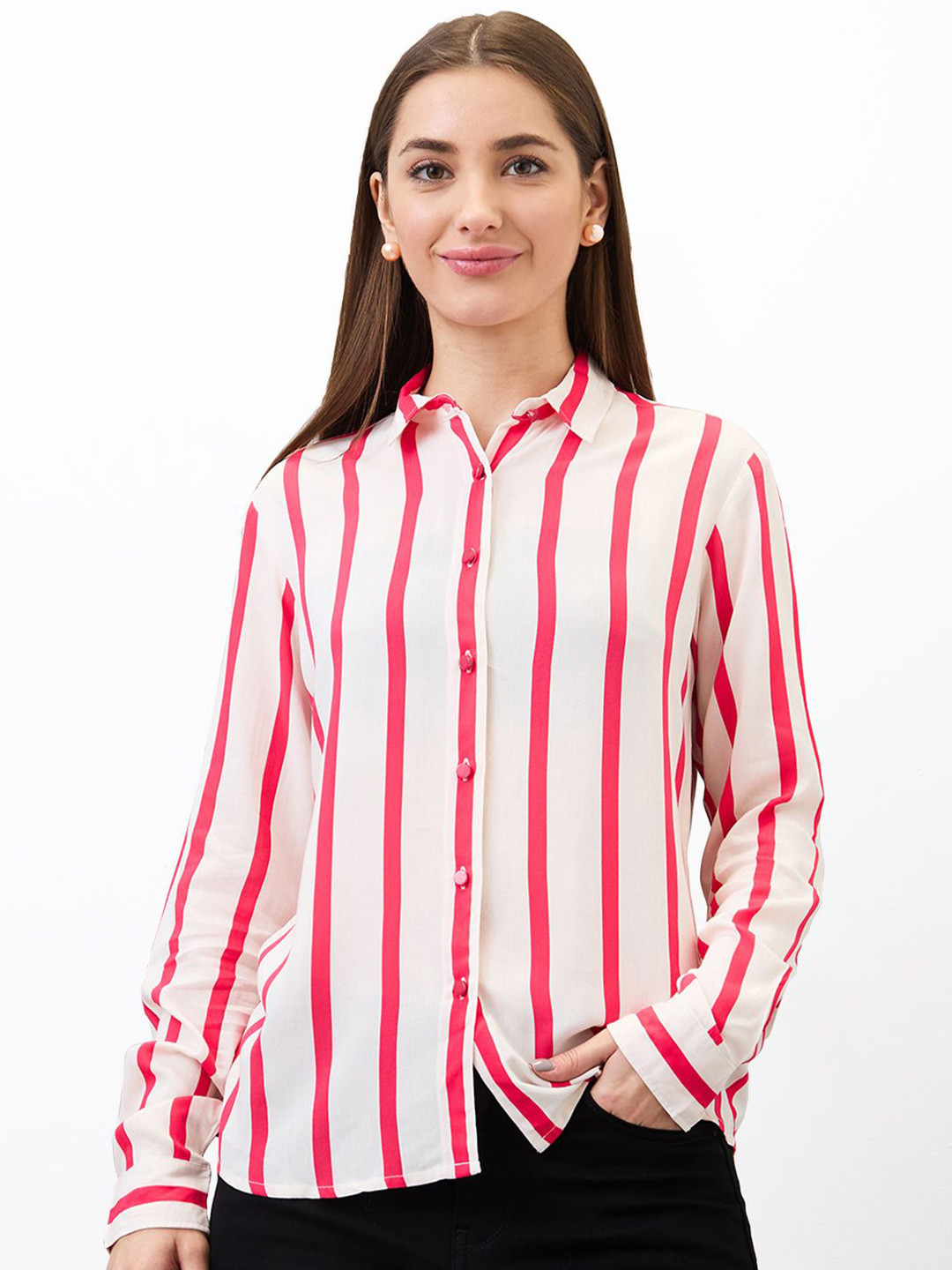 

SPYKAR Women Spread Collar Vertical Striped Casual Shirt, Red