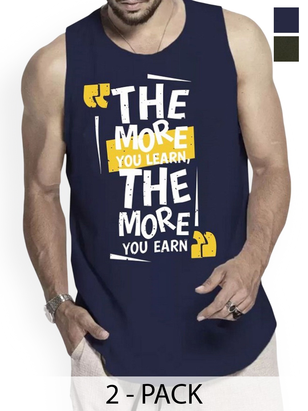 

Woostro Pack Of 2 Printed Cotton Gym Innerwear Vests RS26 CMB (RUN OLIVE) (MORE NAVY)