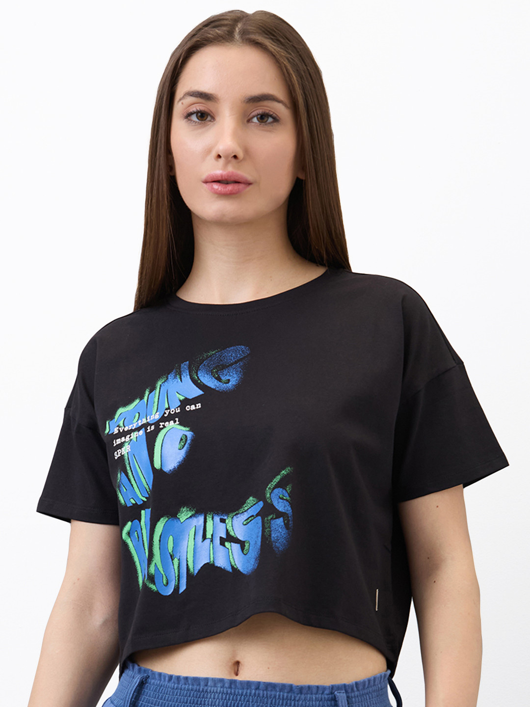 

SPYKAR Women Typography Boxy T-shirt, Black