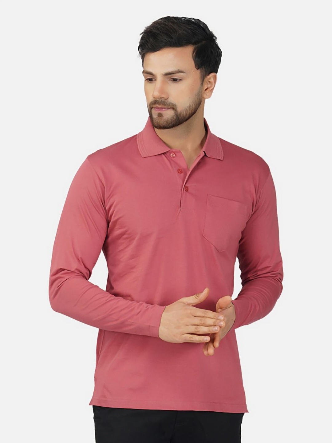 

ALARM Men Solid Polo Collar Cotton Slim Fit T-shirt, Peach