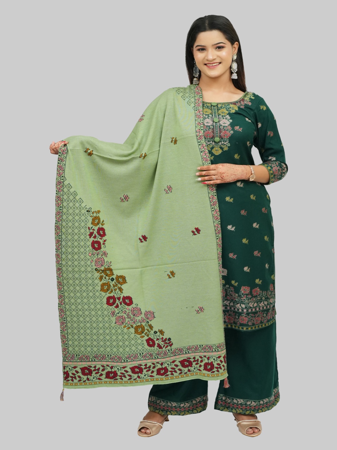 

Tones-N-Shades Floral Woven Design Velvet Unstitched Dress Material, Green
