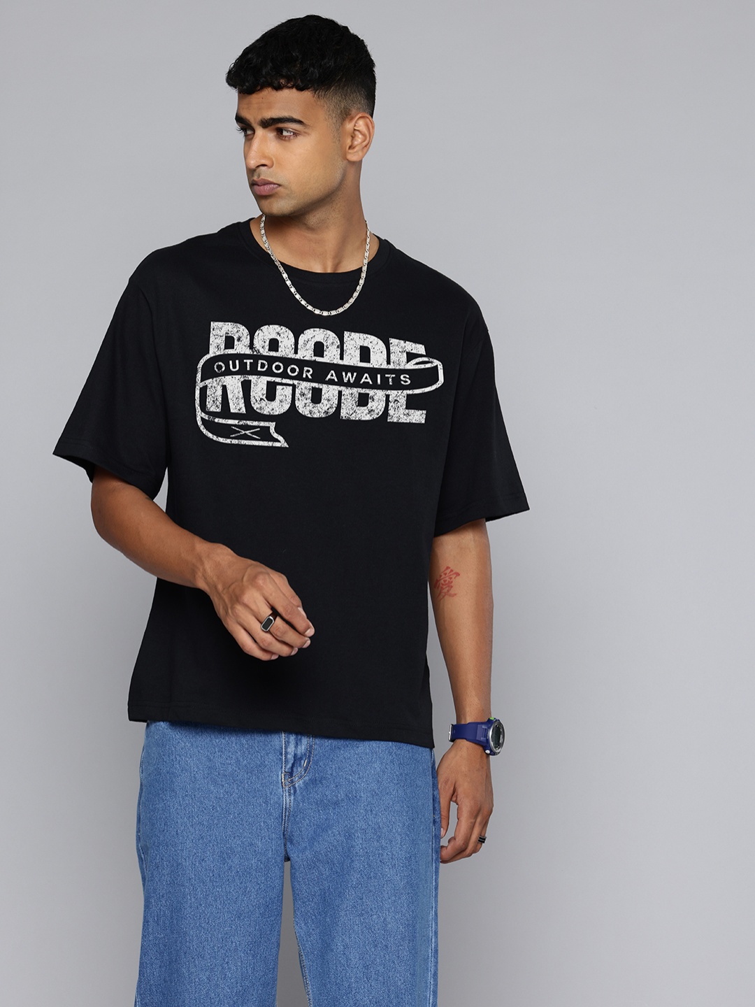 

R.Code by The Roadster Life Co. Men Printed Applique T-shirt, Black