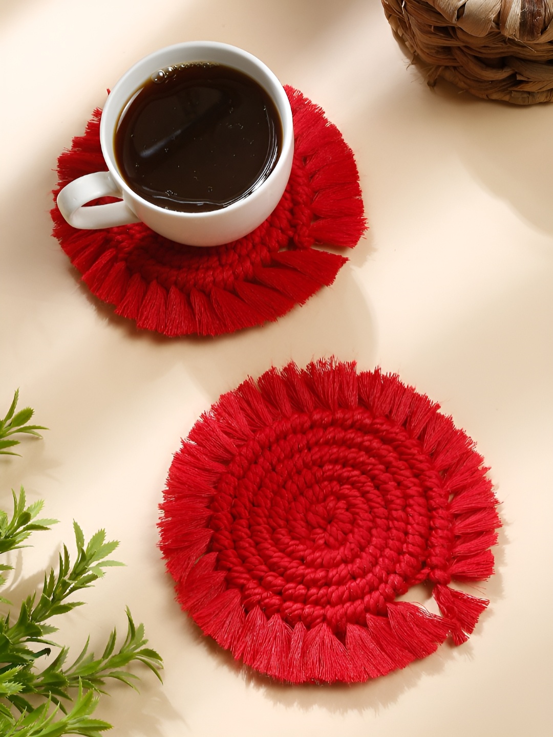 

My Creative Hut Red 2 Pieces Textured Macrame Round Coasters