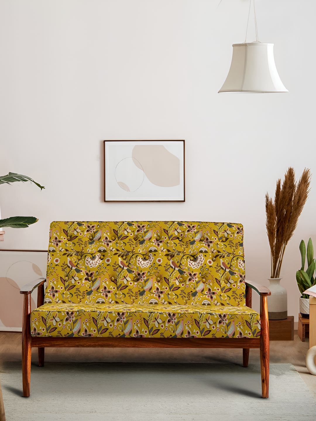 

Chumbak Memsaab Love Seat Dragonfruit Palampur Yellow Floral Printed Two Seater Couch