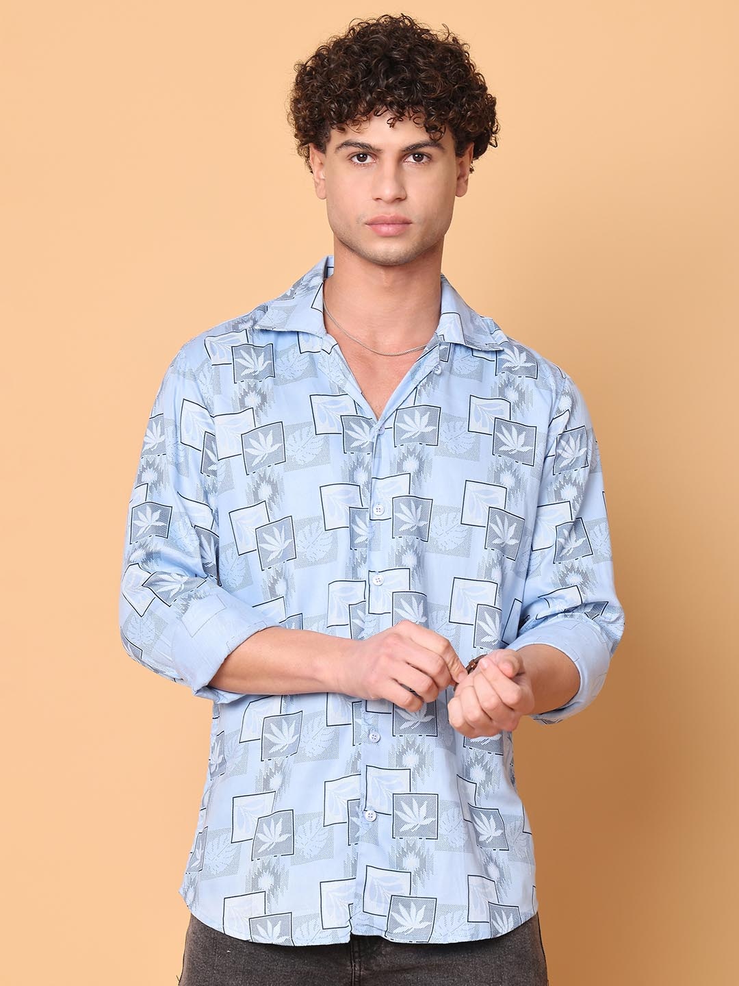 

Tanip Men Spread Collar Floral Printed Cotton Casual Shirt, Blue