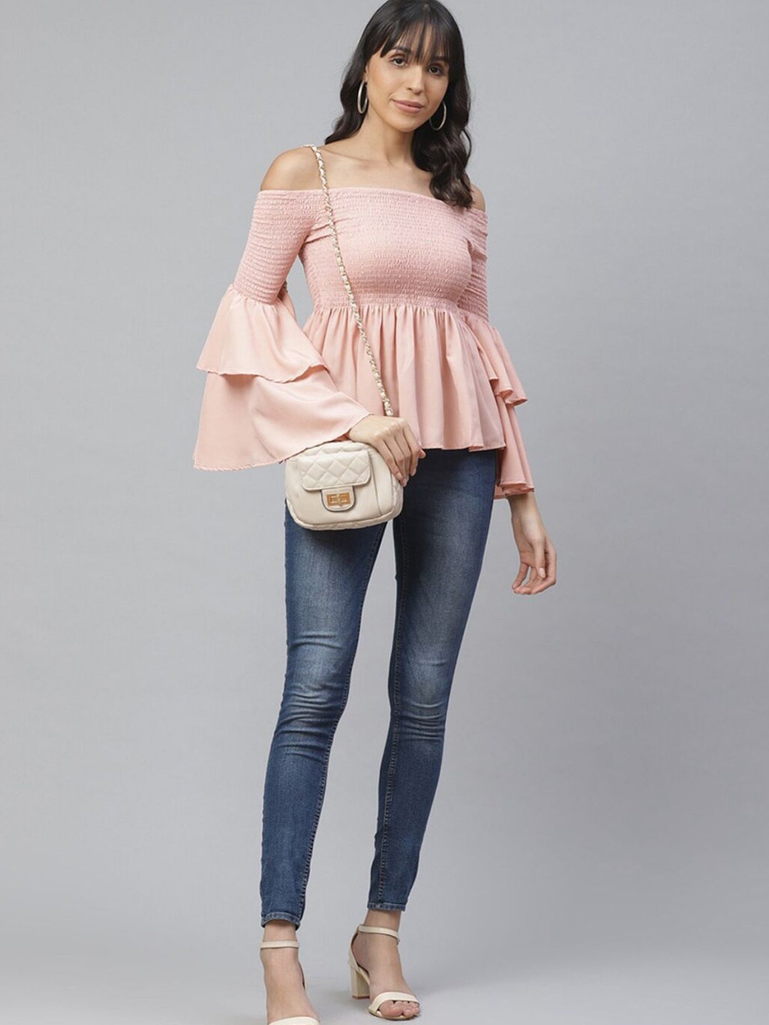 

CORSICA Off-Shoulder Bell Sleeve Crepe Bardot Top, Pink