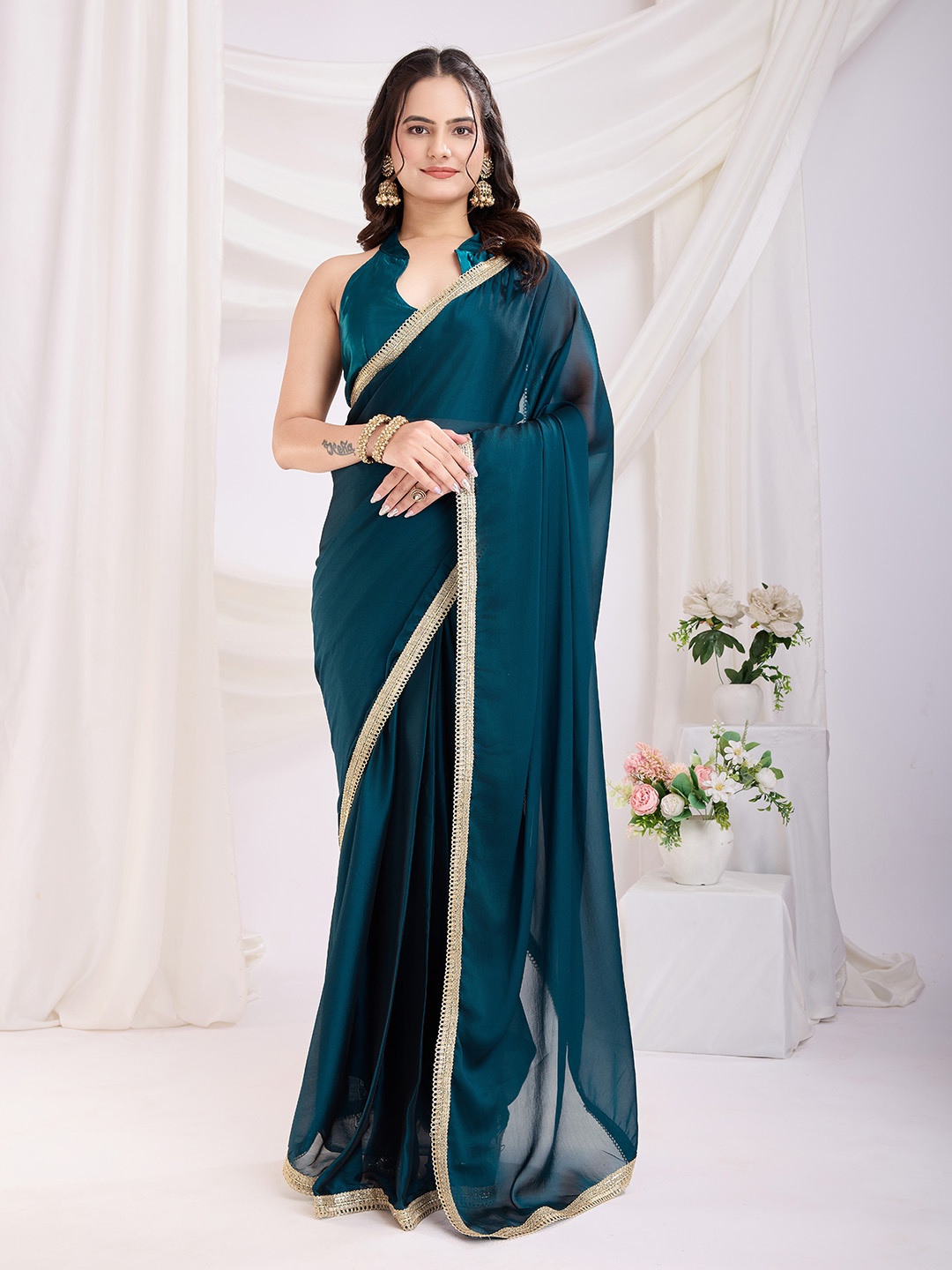 

HERE&NOW Embroidered Ready to Wear Saree, Teal