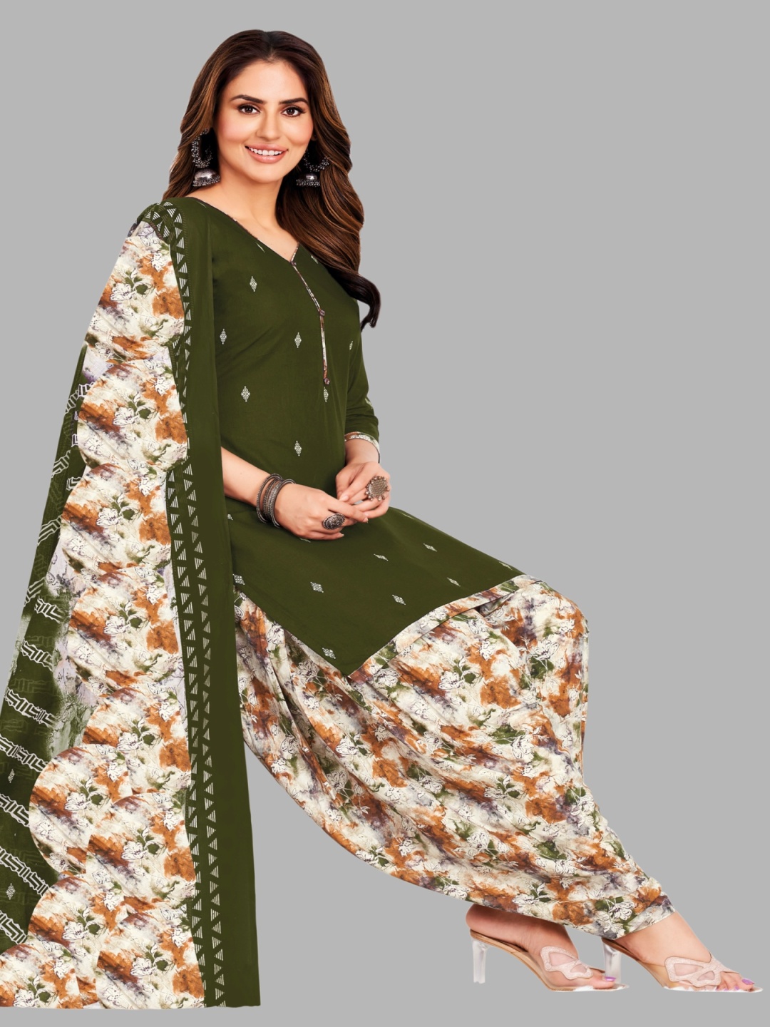 

Simmu Ethnic Motifs Printed Pure Cotton Unstitched Dress Material, Green