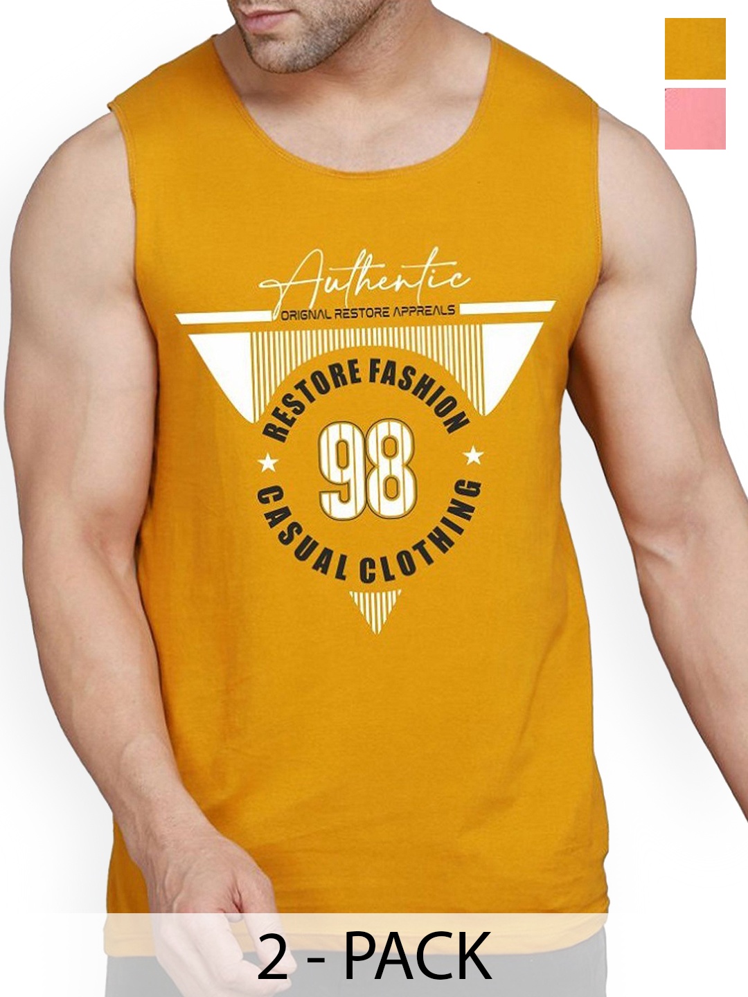 

WOOSTRO Men Pack Of 2 Printed Combed Cotton Gym Vest, Mustard