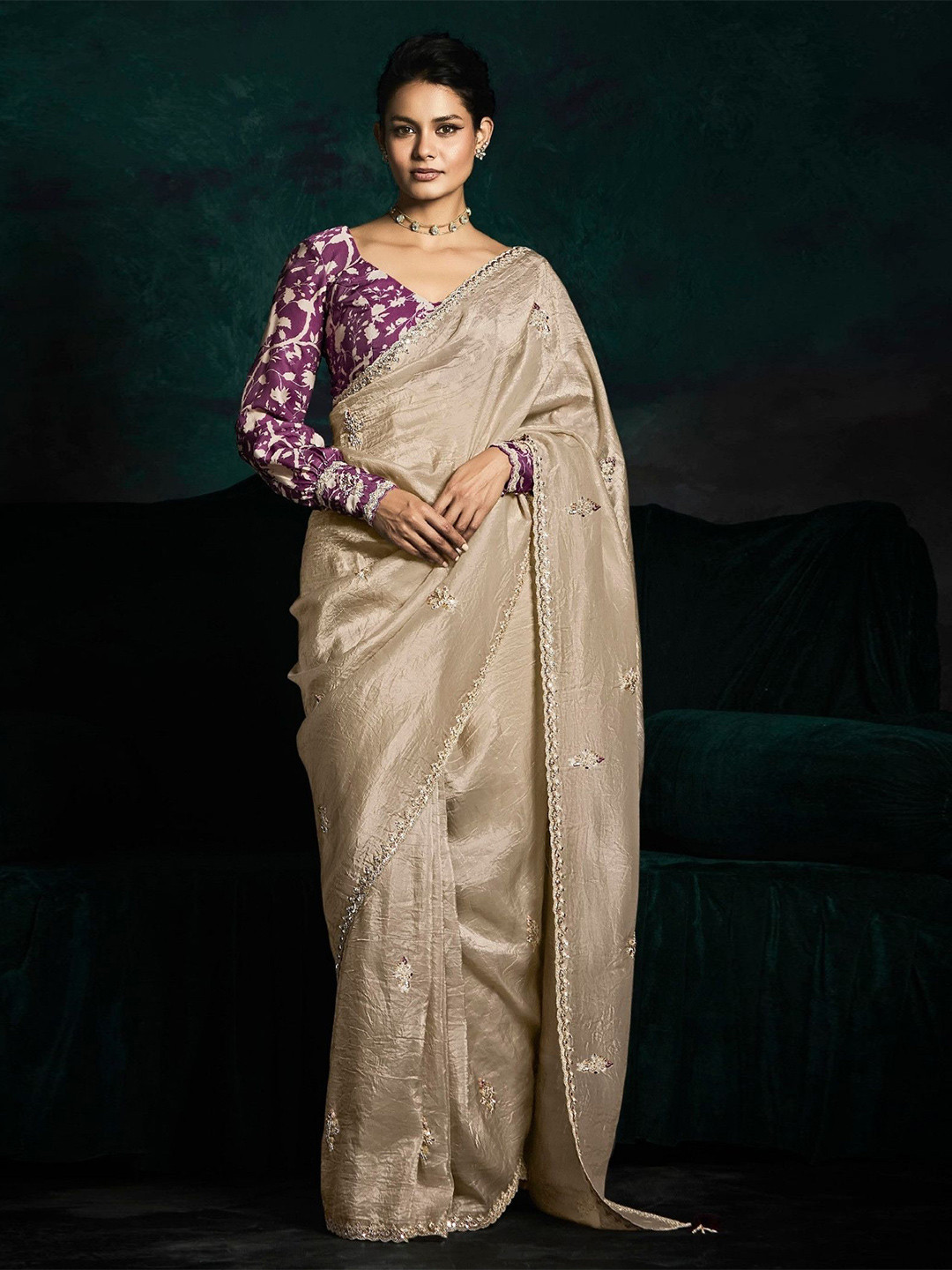 

MySilkLove Maize Cream Embroidered Tissue Designer Saree