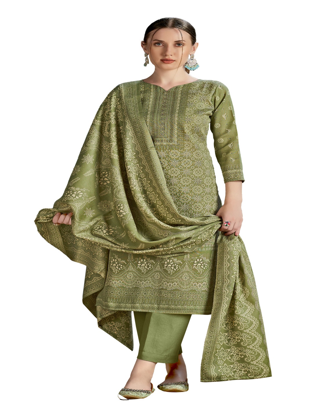 

DRAVINAM Trends Floral Printed Pashmina Unstitched Dress Material, Green