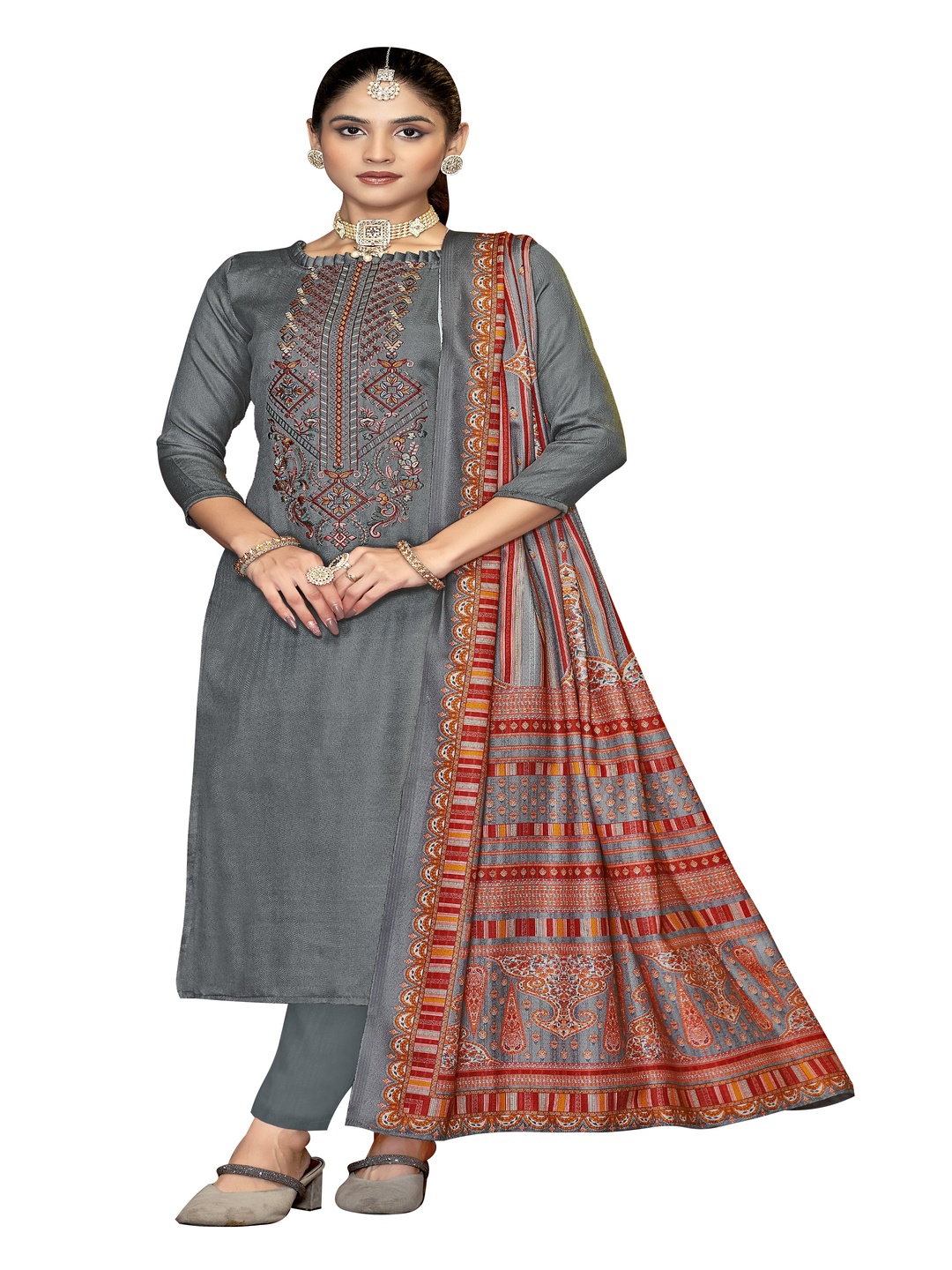 

DRAVINAM Trends Ethnic Motifs Embroidered Pashmina Unstitched Dress Material, Grey