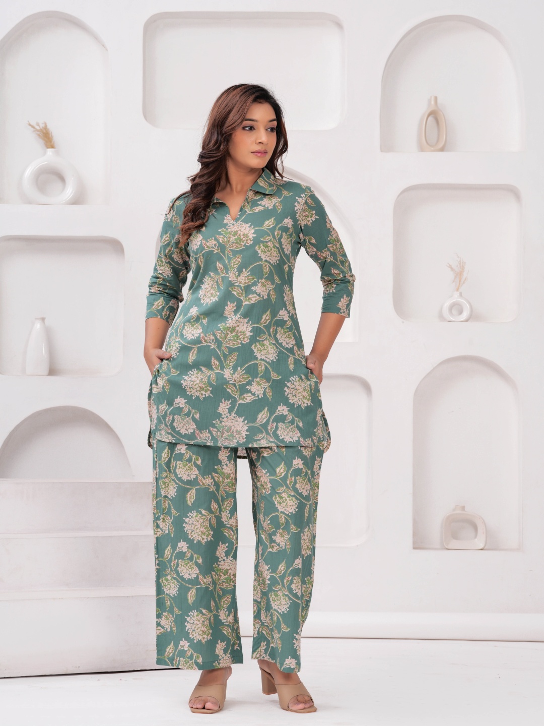 

BAESD Floral Printed Shirt Collar Pure Cotton Top With Trouser, Green