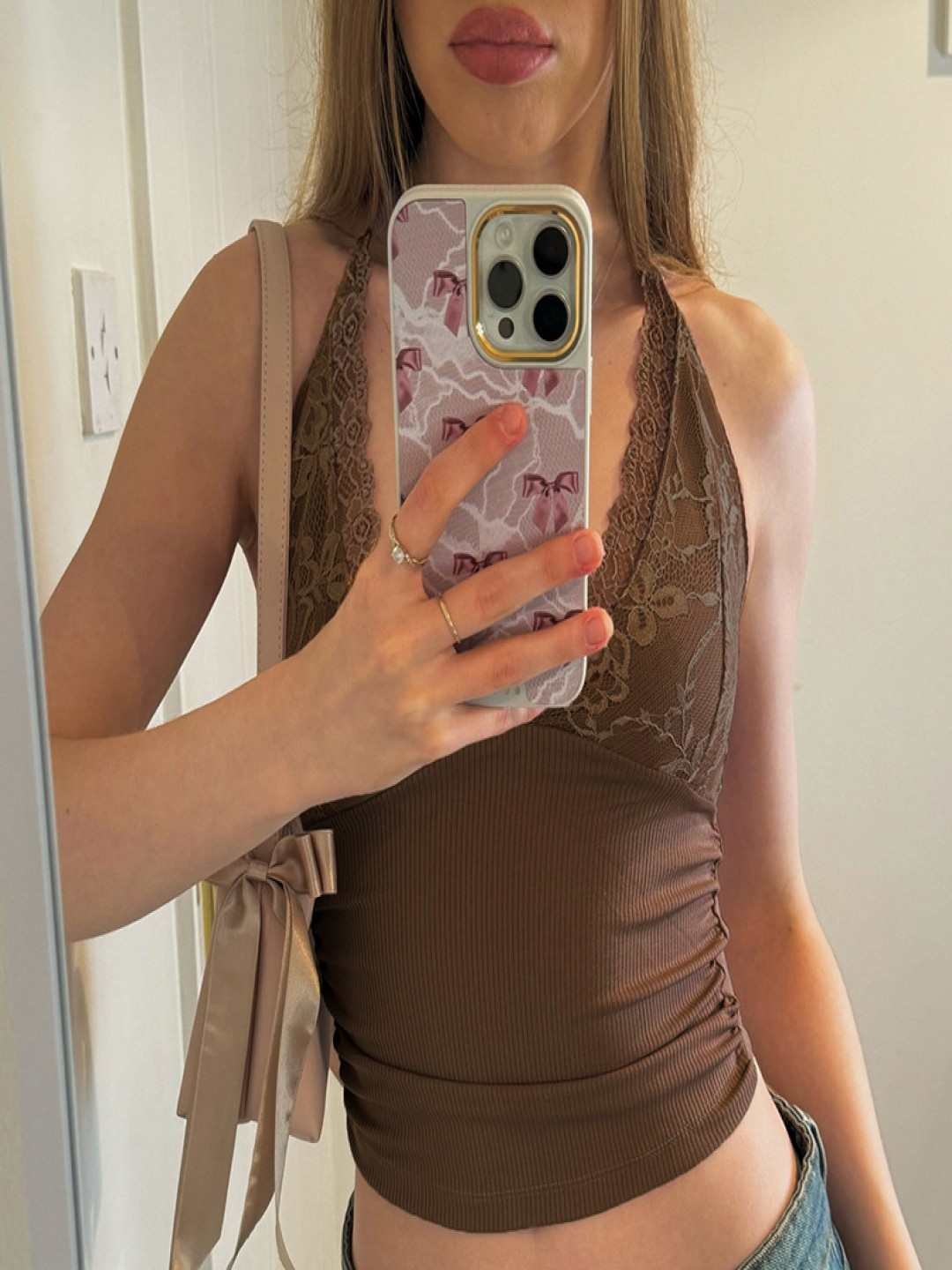 

StyleCast Women V-Neck Sleeveless Lace Details Fitted Top, Brown