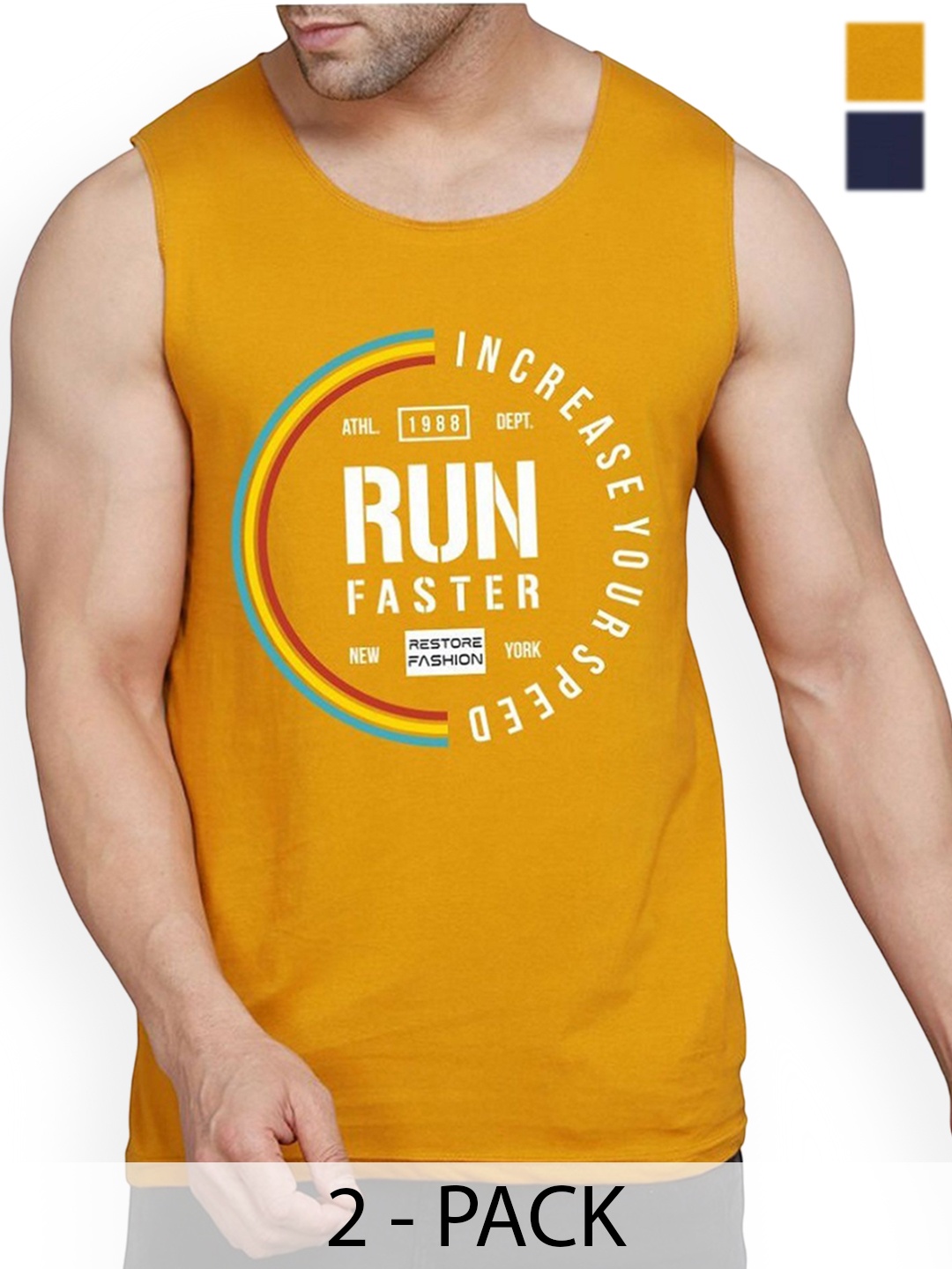 

WOOSTRO Men Pack Of 2 Printed Round Neck Innerwear Vests, Mustard