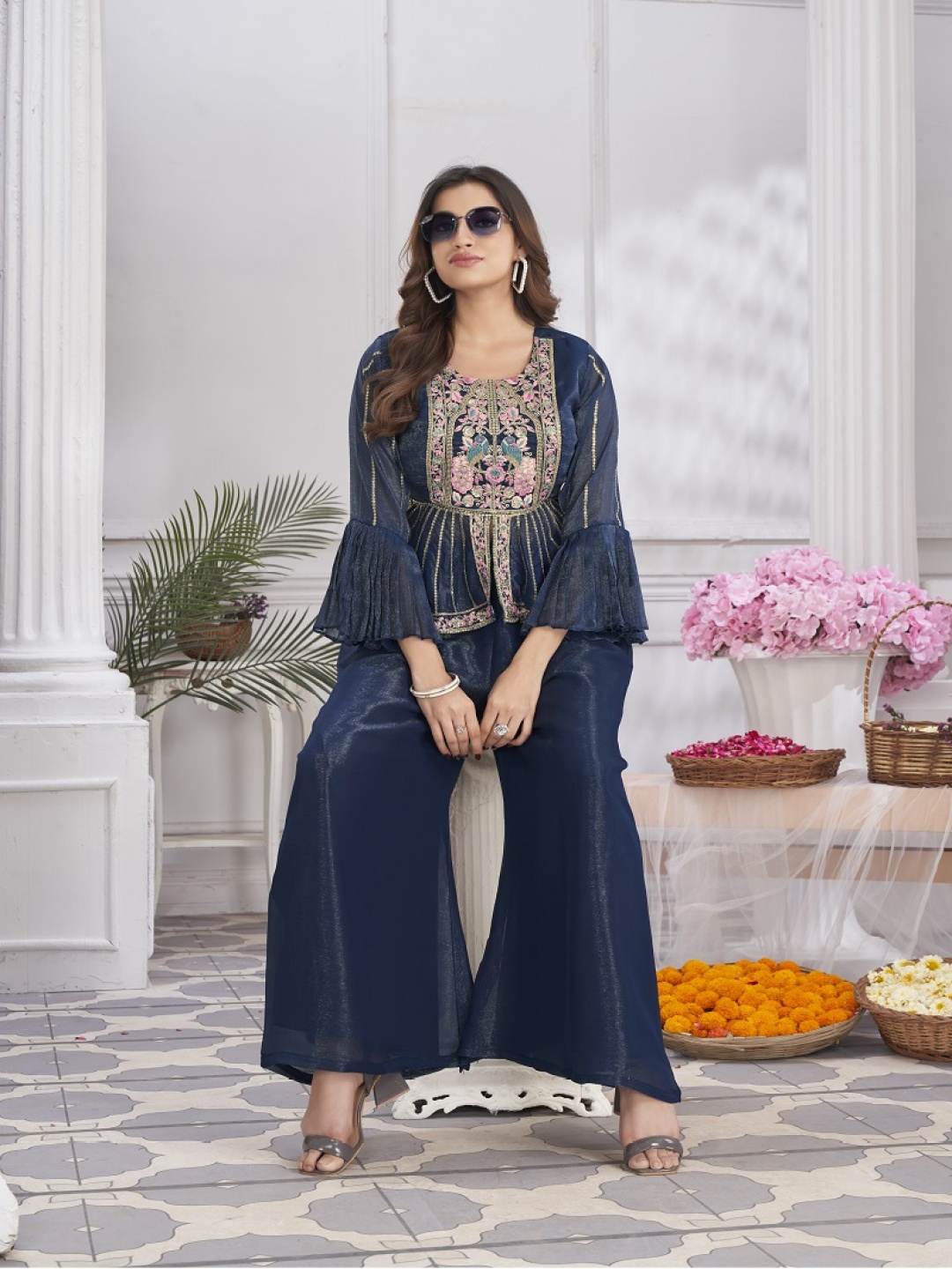

Krimmple Embroidered Flared Sleeves Round Neck Tunic With Palazzo, Blue