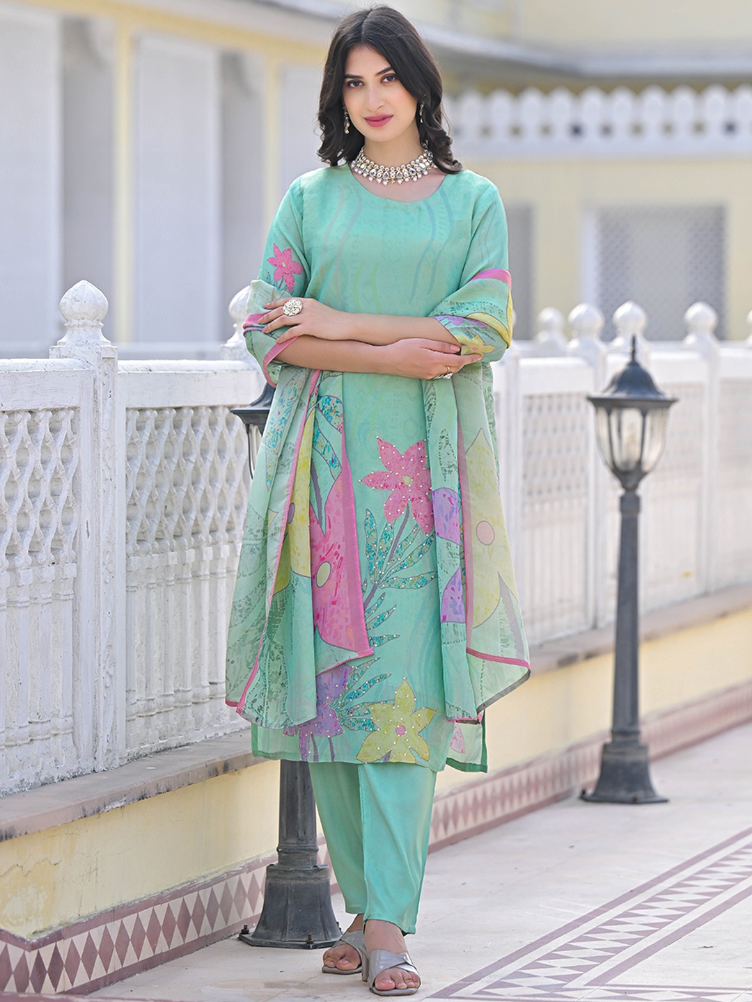 

Anouk Green Floral Printed Sequence Round-Neck Kurta With Trouser & Dupatta, Sea green