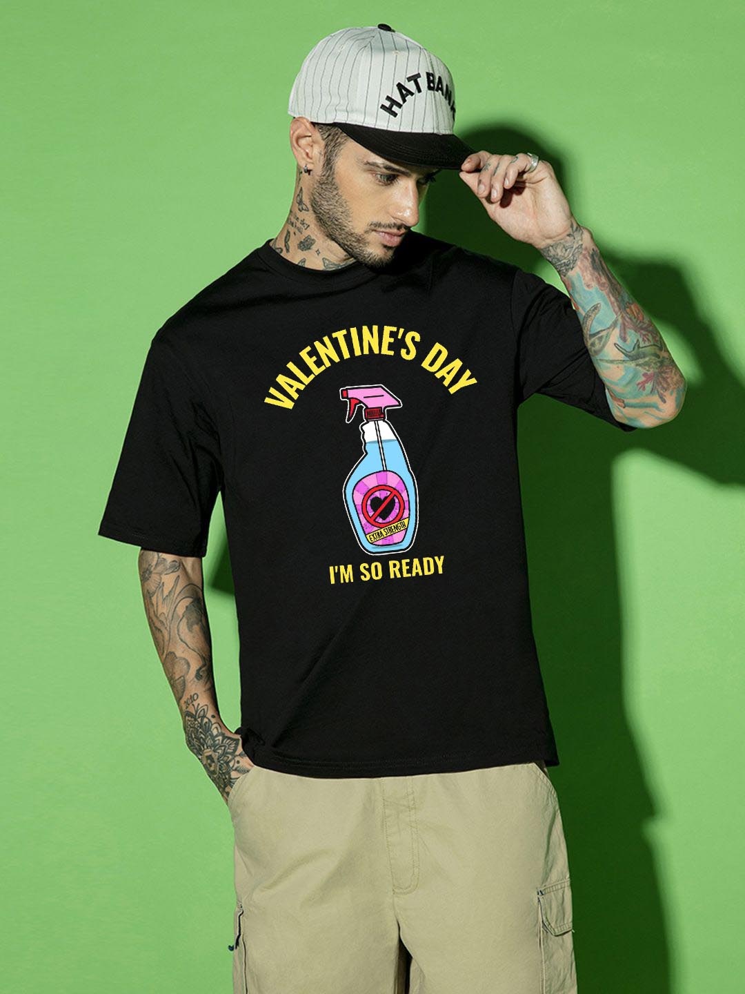 

RARESCAPE Men Typography Printed Round Neck Cotton Oversized T-shirt, Black