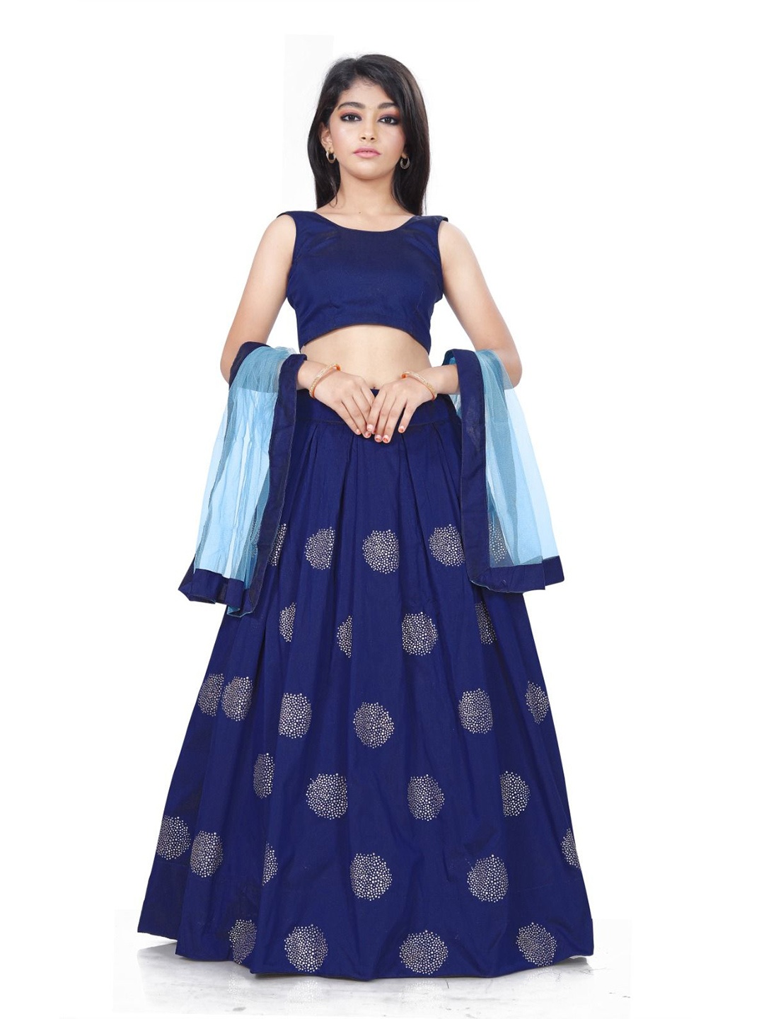 

DHRUV CREATION Girls Semi-Stitched Lehenga & Blouse With Dupatta, Navy blue