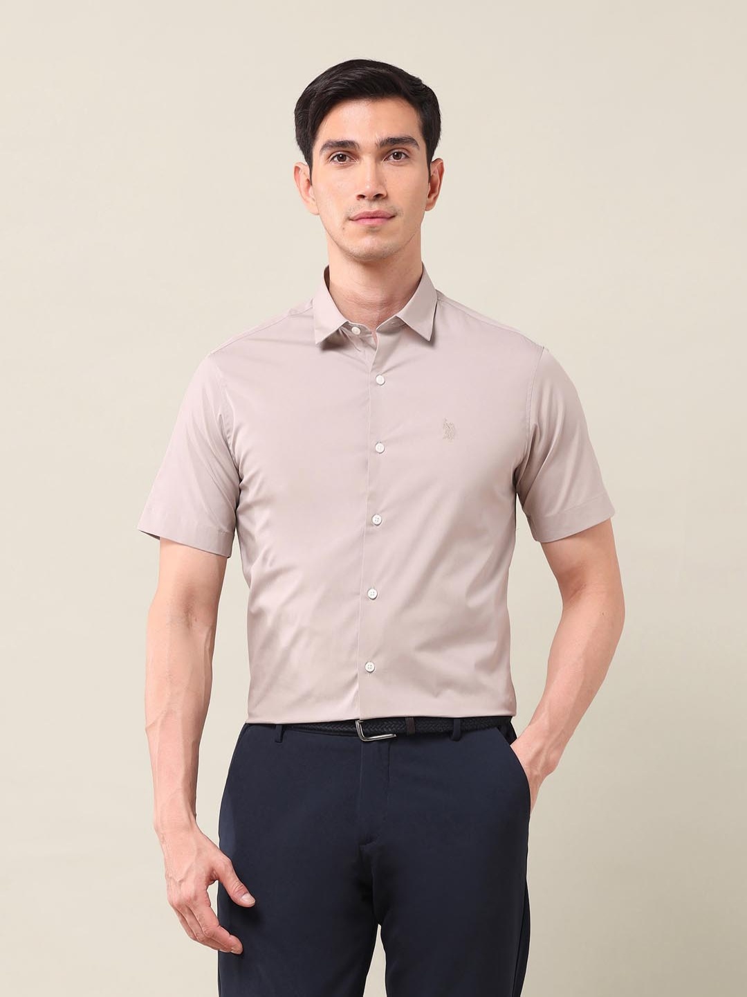 

U.S. Polo Assn. Men Classic Slim Fit Spread Collar Solid Cotton Formal Shirt, Beige