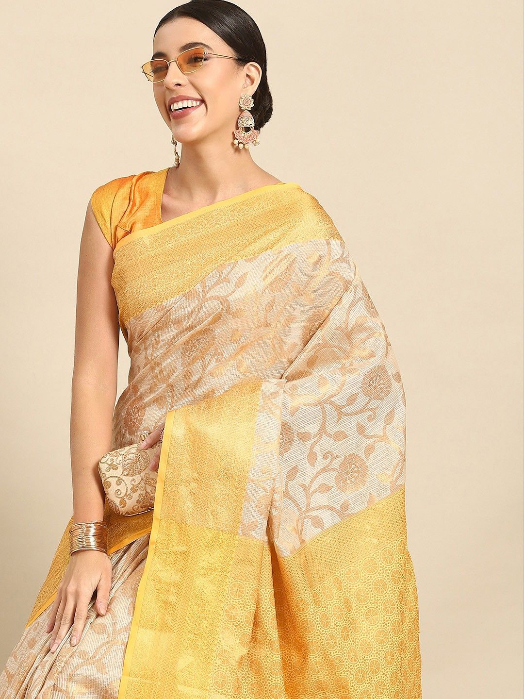 

KALINI Woven Design Zari Mysore Silk Saree, Cream