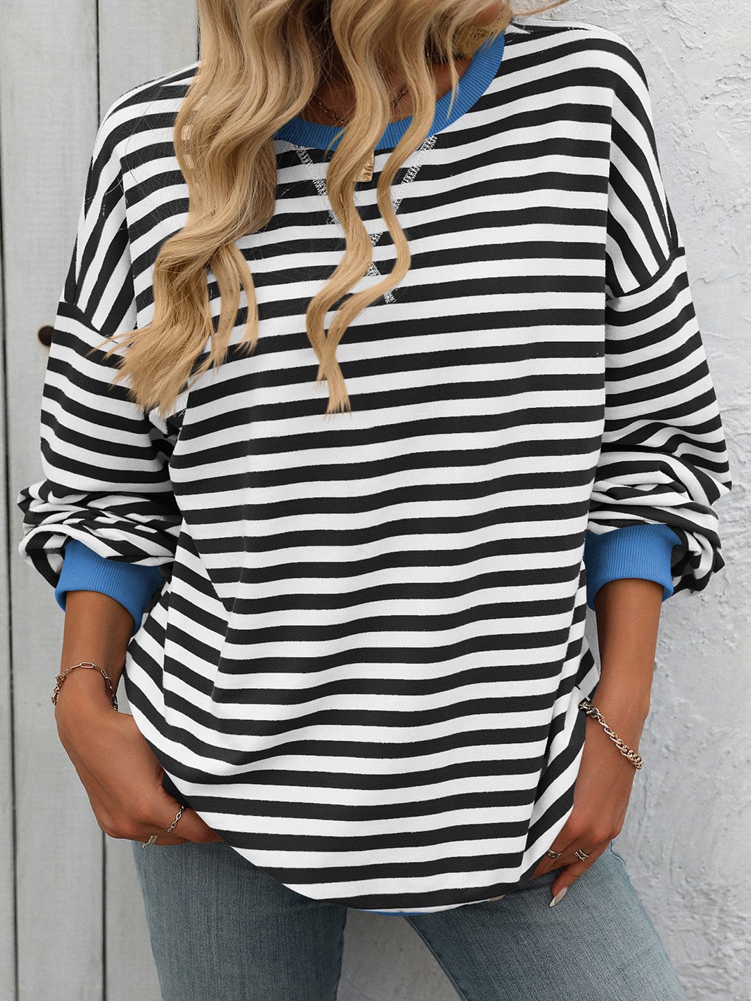 

StyleCast x Revolte Women Striped Round Neck Pullover, Black