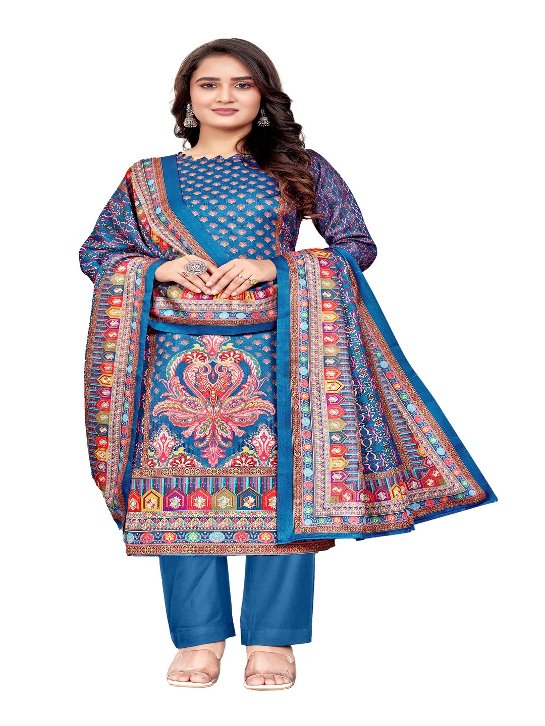 

DRAVINAM Trends Ethnic Motifs Printed Pashmina Unstitched Dress Material, Blue