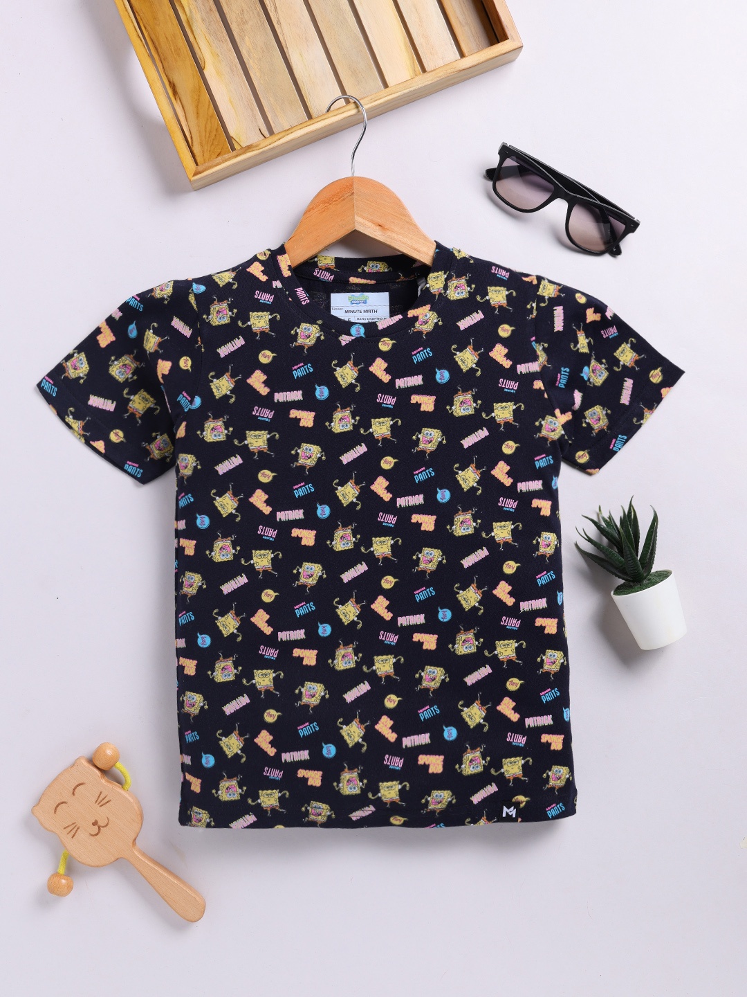 

YK X Minute Mirth Boys Spongebob Graphic Printed Pure Cotton T-shirt, Black