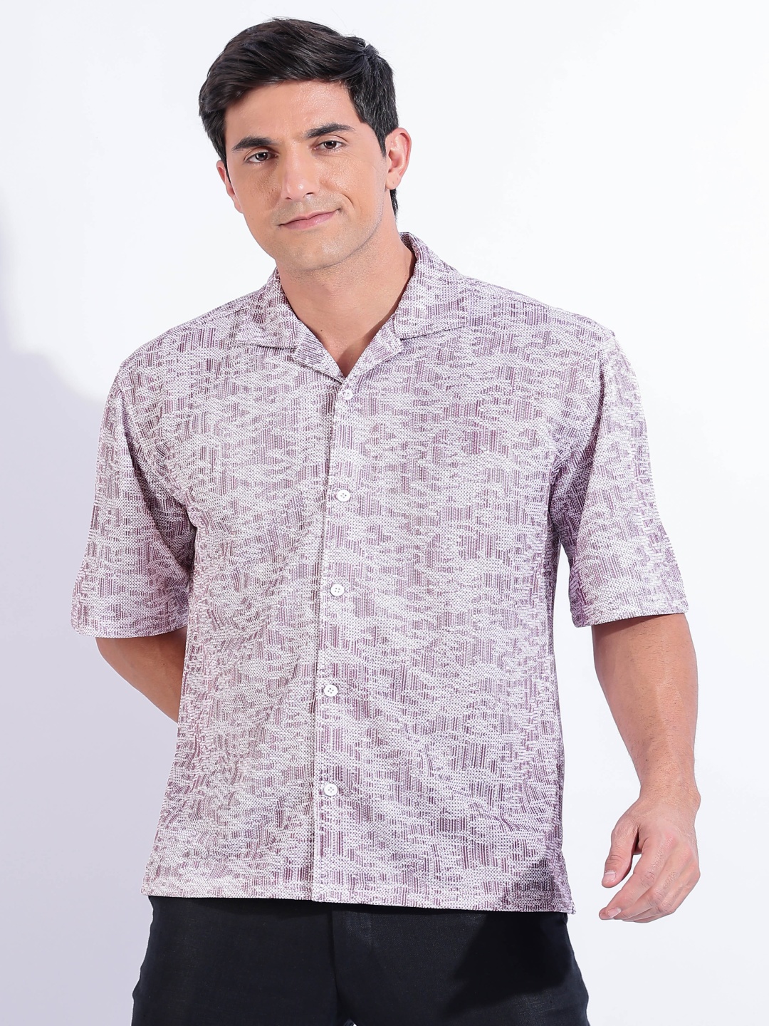 

HERE&NOW Men Relaxed Fit Cuban Collar Abstract Printed Casual Shirt, Grey