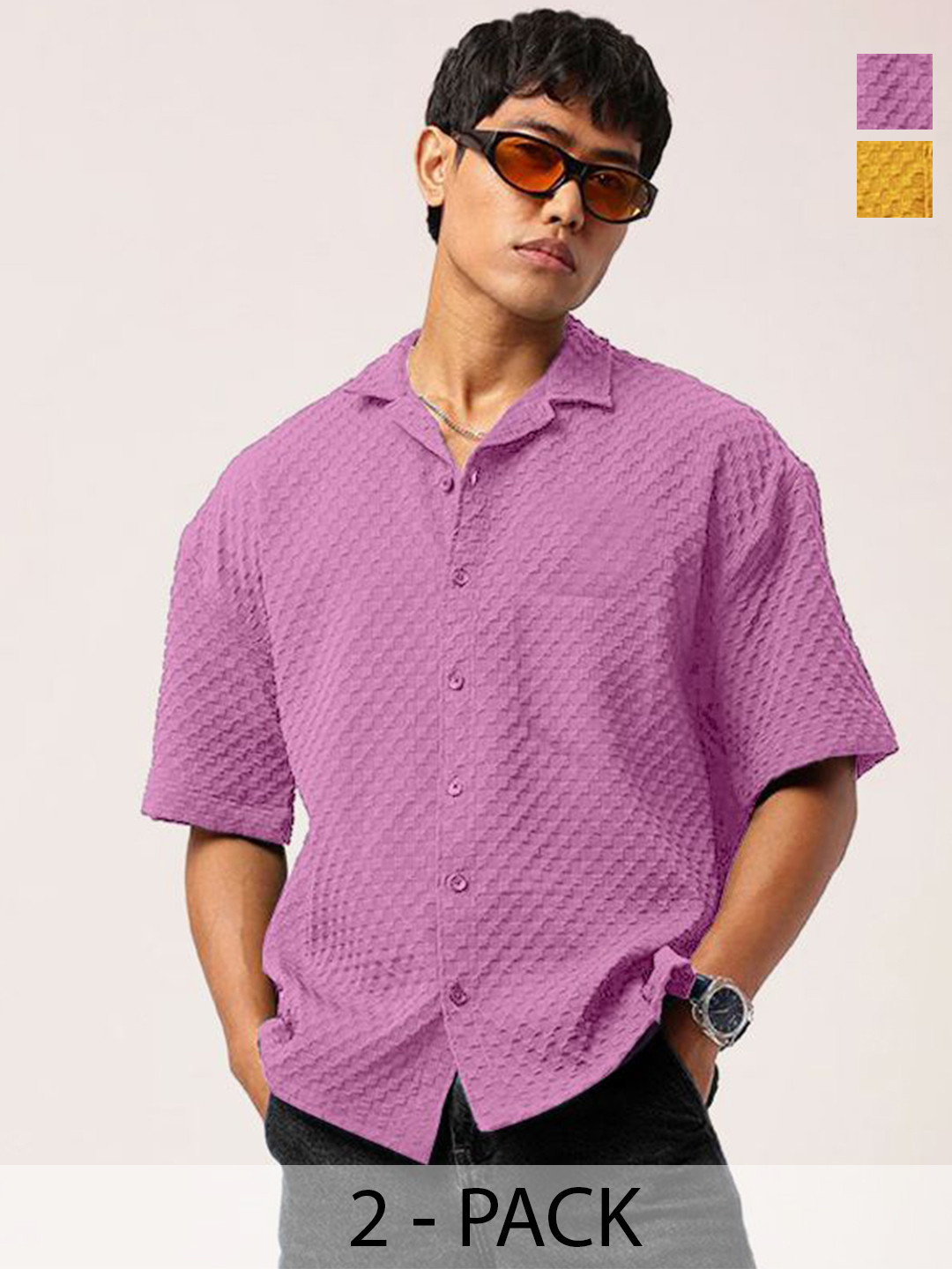 

SZN Men Pack Of 2 Standard Relaxed Fit Cuban Collar Textured Casual Shirts, Yellow