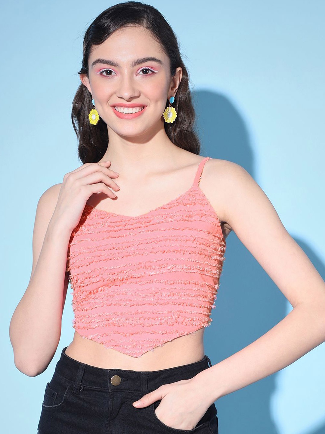 

Moda Rapido Women Self Design Shoulder Straps Crop Top, Pink