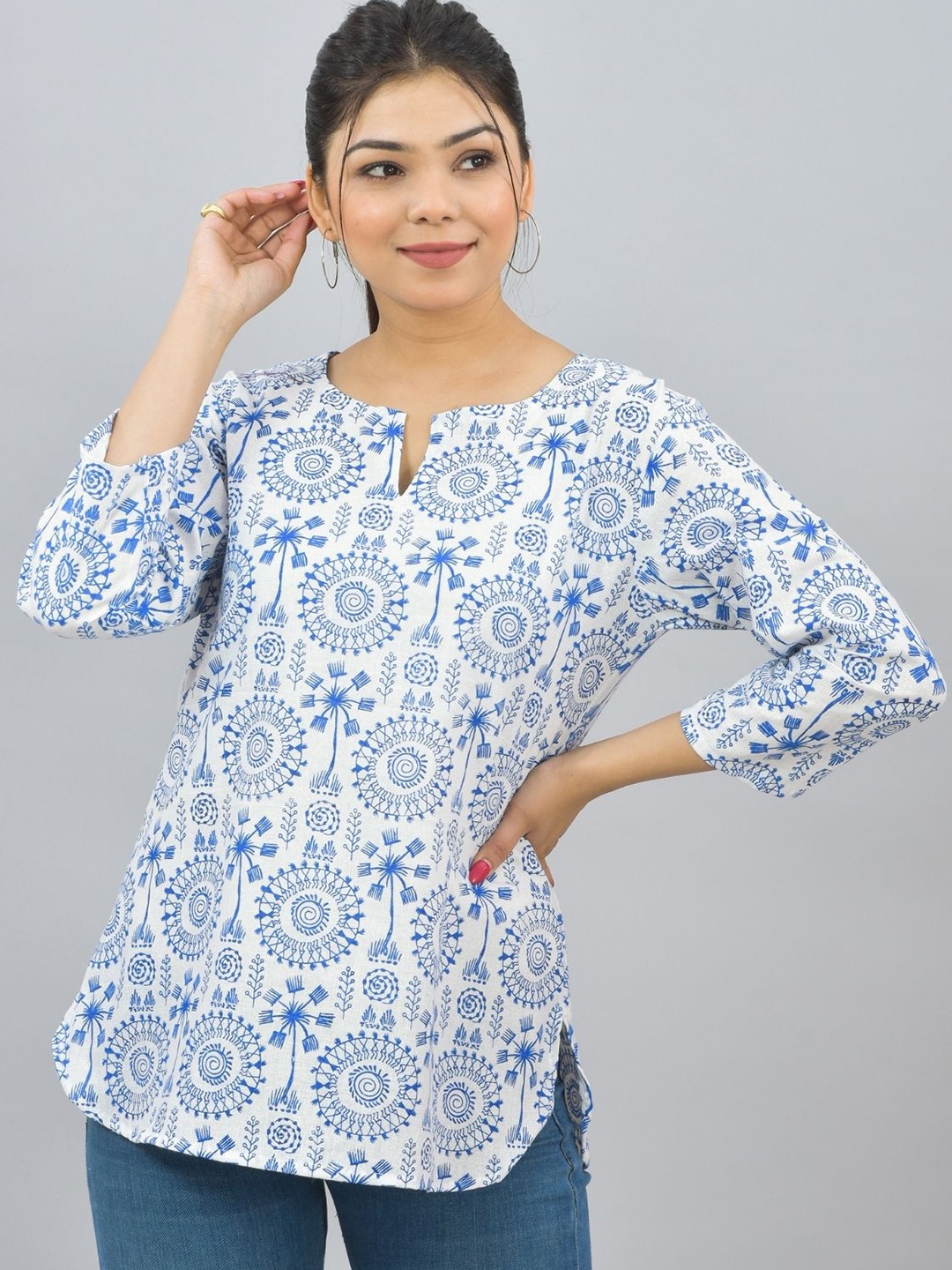 

GiftyBasket Floral Print Bell Sleeve Cotton Top, Blue