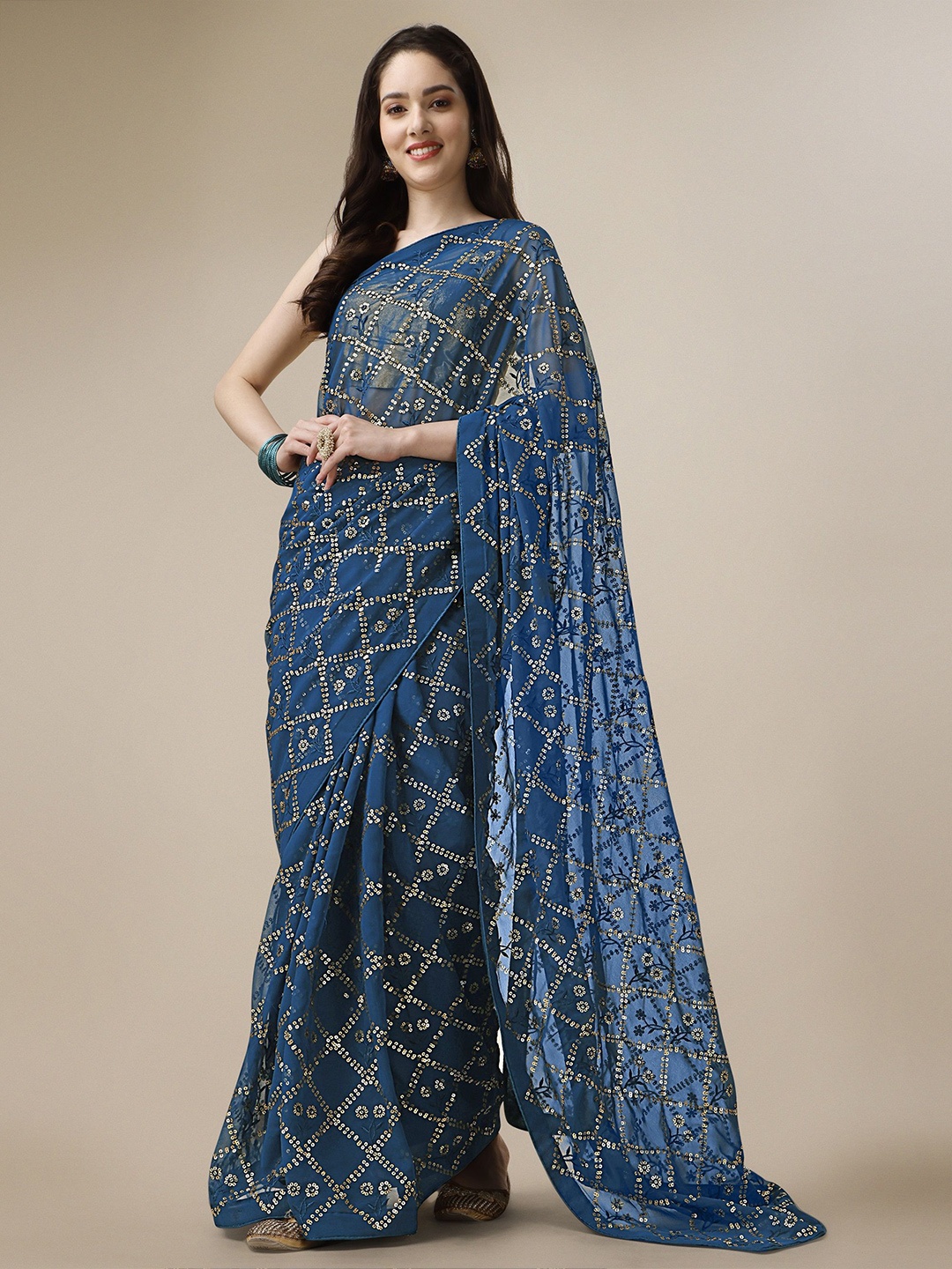 

Moda Rapido Embellished Sequinned Pure Georgette Saree, Navy blue