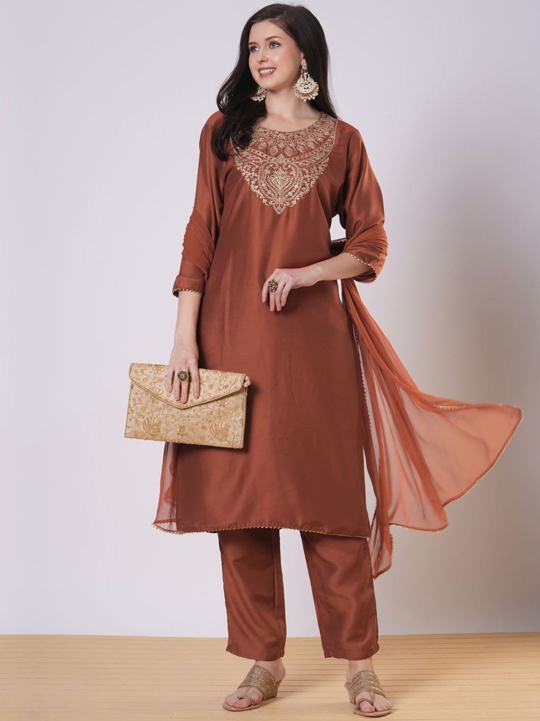 

GoSriKi Floral Embroidered Zari Work Straight Kurta With Trousers And Dupatta, Rust